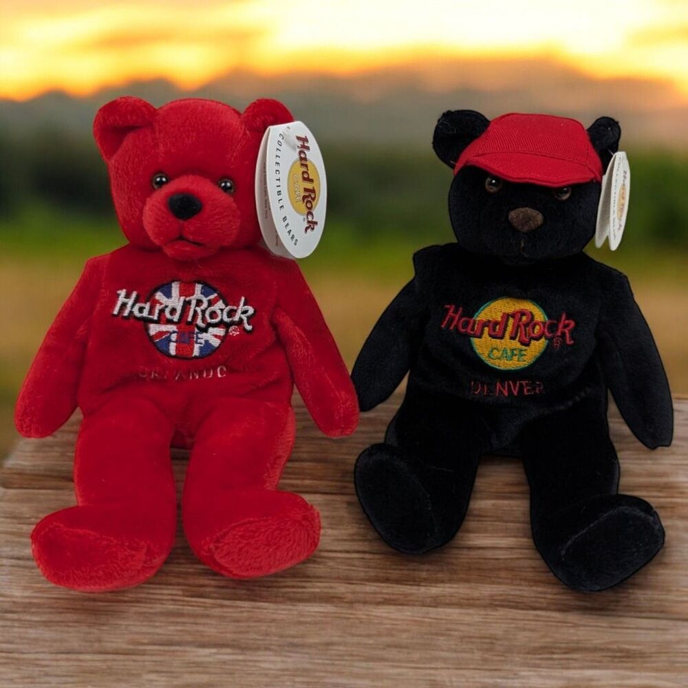 Hard Rock Cafe Orlando & Denver Collectible Beanbag Plush Bear 9" Lot of 2 - NWT
